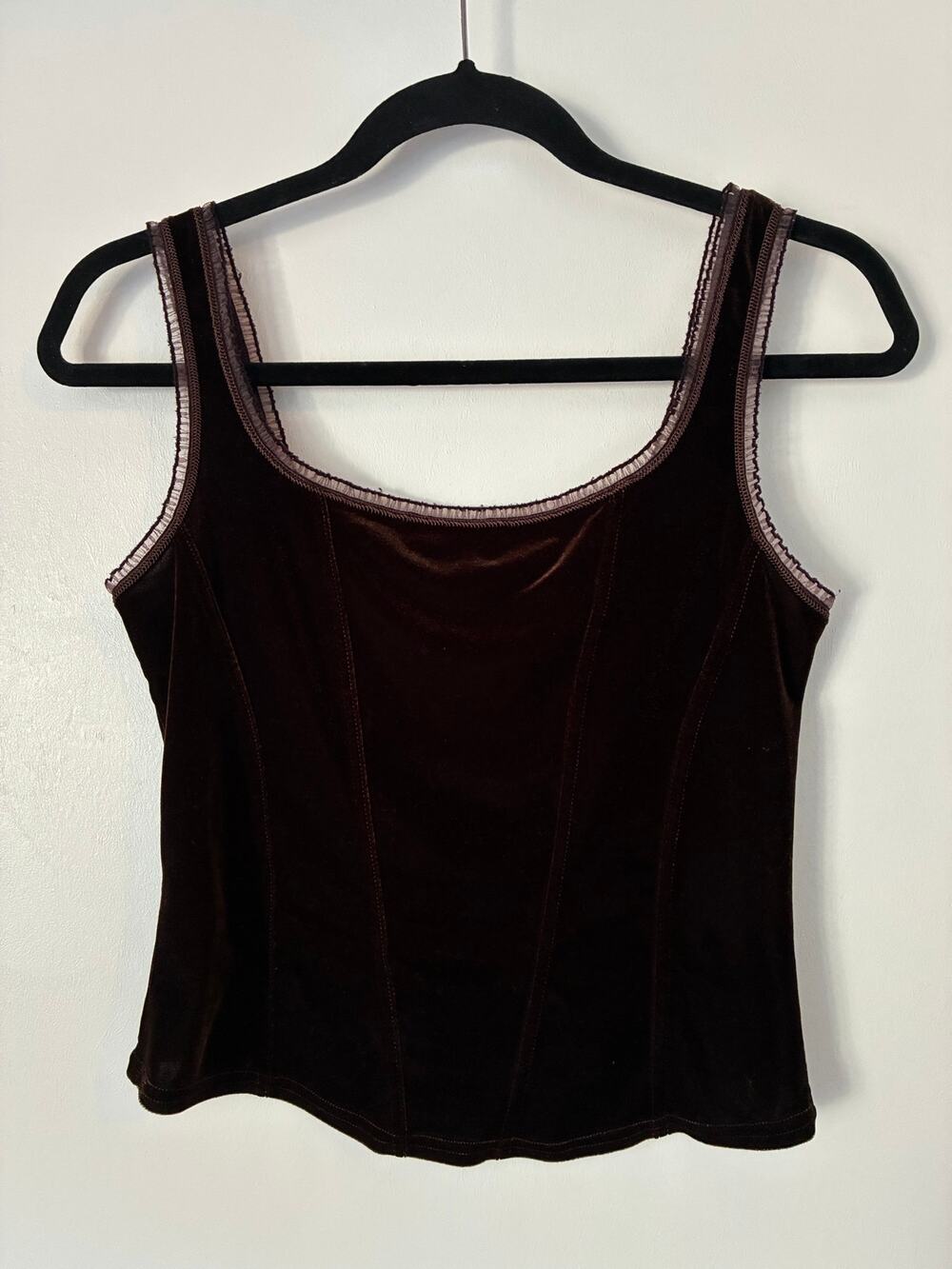 Vintage Arianne Brown Velvet Romantic Goth Coquette Crop Tank w/Ruffle Trim